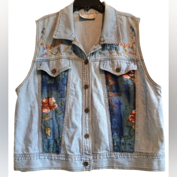 Saint Germain Paris Embroidered Patchwork Denim Vest Women’s L 42″ Chest Boho - Picture 1 of 12